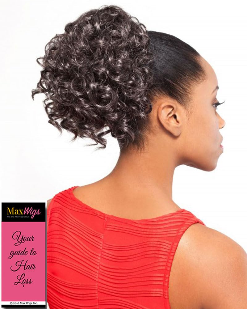 Maxwigs DS006 Curly Ponytail Color 44 Charcoal Gray - Foxy Silver Wigs 8-9" Length Drawstring Medium Size Curls Hairpiece Extension Synthetic Black