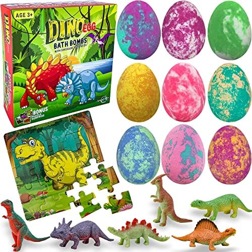 Bath Bombs for Kids with Surprise Toys Inside Plus Dinosaur Puzzle - Set of 9 Organic Dino Egg Bath Bombs with Rich Bubbles, Birthday Gifts for Kids Beauty and Personal Care Mineral Me California