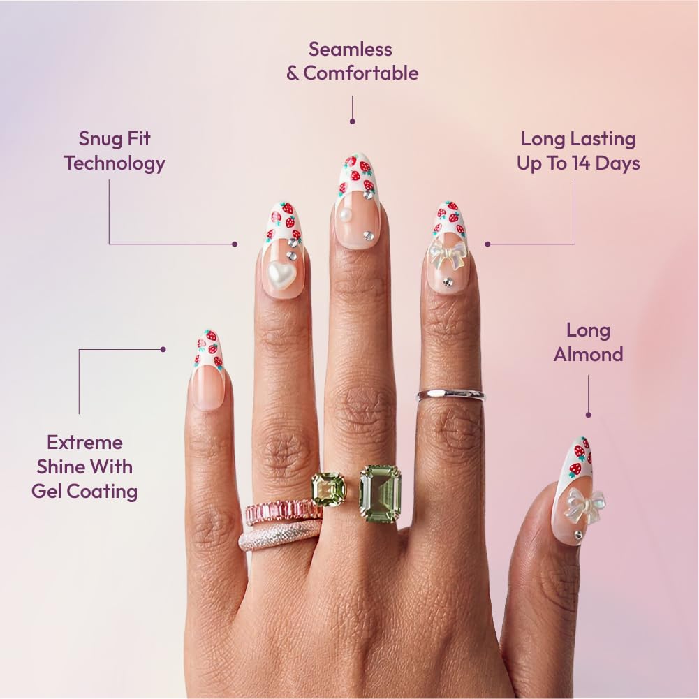 Glitzy 3D Handmade Press On Nail Kit, Rhinestone Strawberry French Tip Long Almond False Nail, Reusable & Lasts Up To 2 Weeks, Seamless Snug Fit