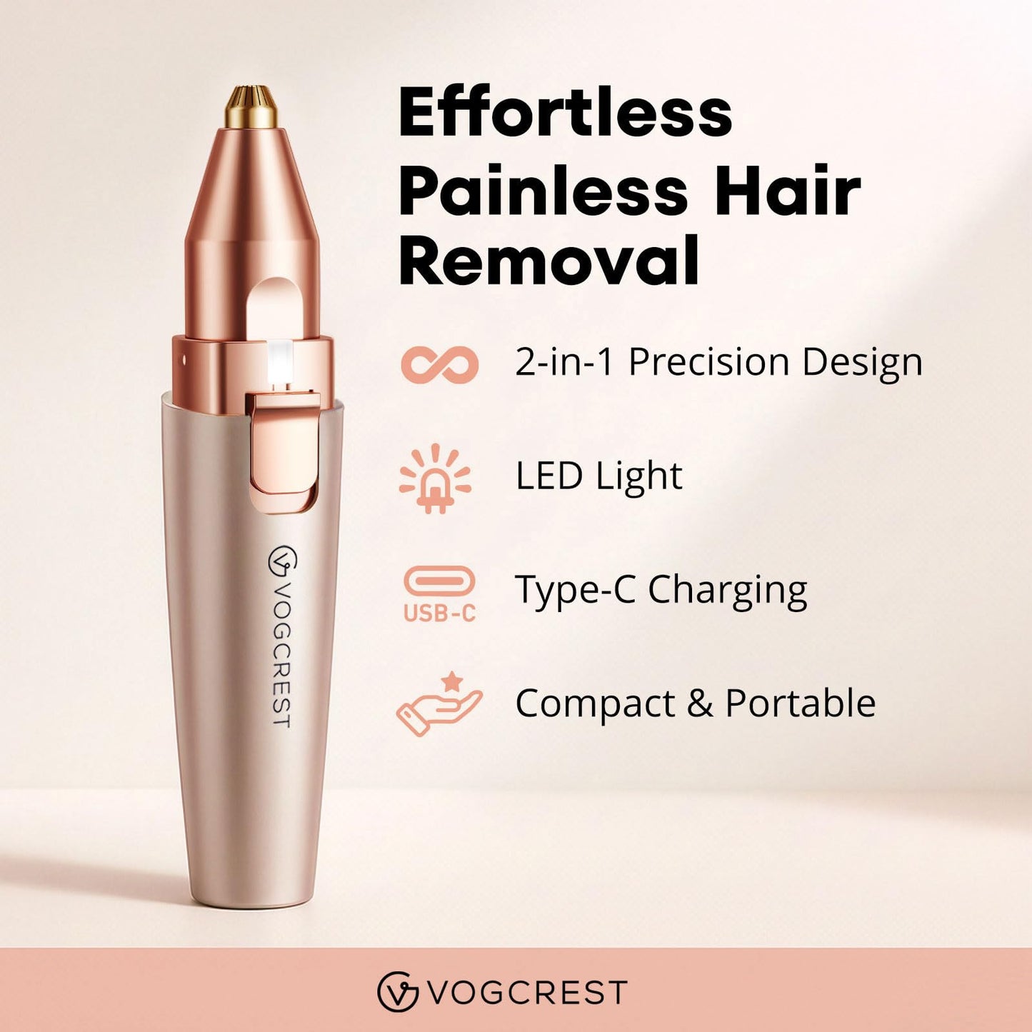 VG VOGCREST Eyebrow & Facial Trimmer: 2 in1 Rechargeable Facial Hair Removal & Eyebrow Shaver - Body Razor with Built-in LED Light (Rose Gold) Beauty and Personal Care VG VOGCREST