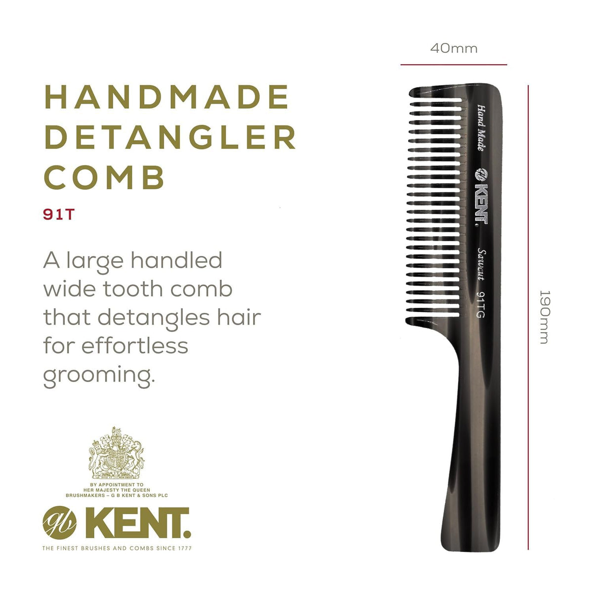 Kent 91T Black Graphite Wide Tooth Detangler Hair Comb for Curly and Wavy Hair - for Women and Men, Large Handle Shower Comb for Effective Detangling