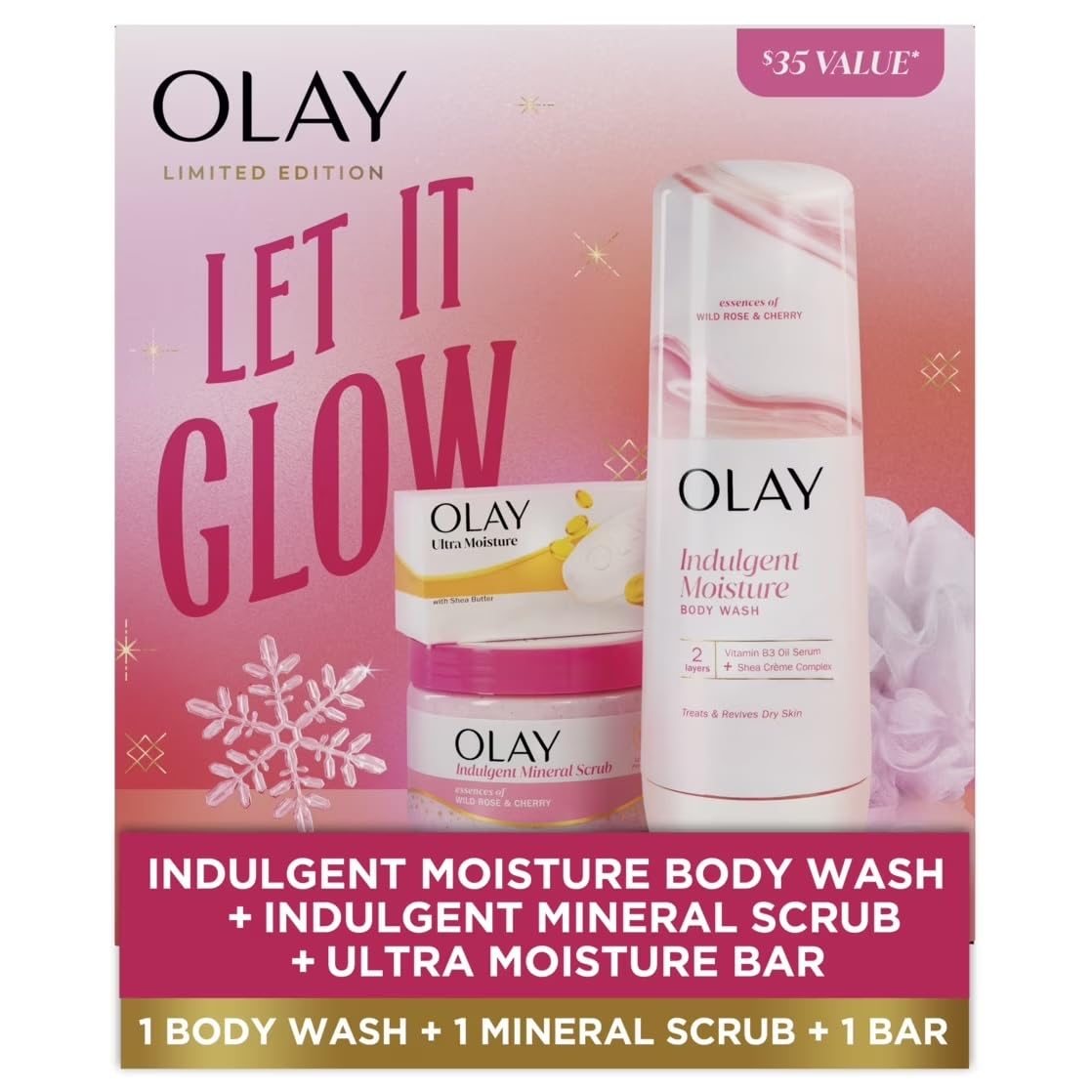 Olay Let It Glow Gift Pack with 1 Wild Rose and Cherry Moisture Body Wash, 20oz, and 1 Wild Rose and Cherry Indulgent Mineral Scrub, 11oz, and 1 Ultra Beauty & Personal Care Olay