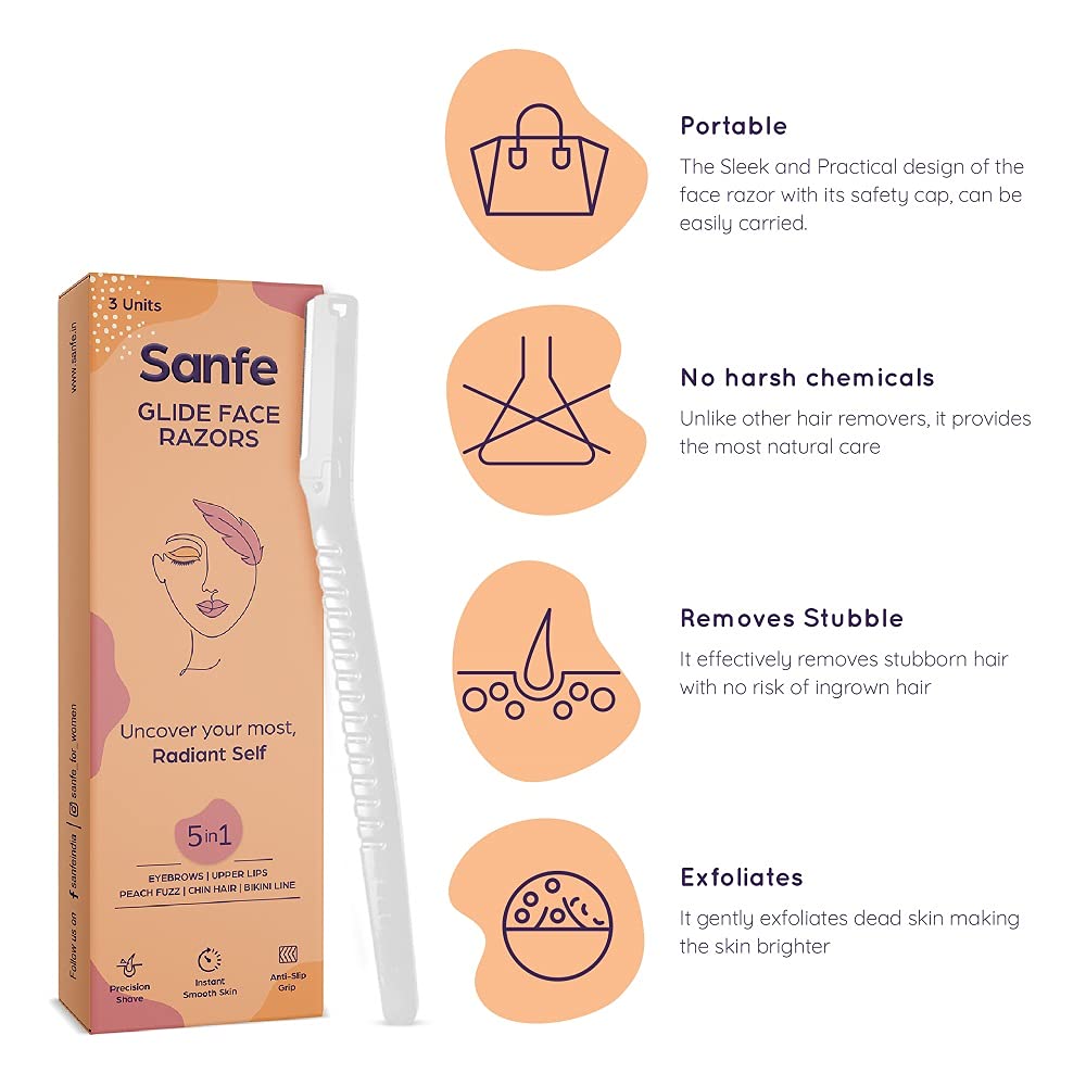 Sanfe Glide Reusable Face & Eyebrow Razor For Women - For Safe & Painfree Facial Hair Removal - Pack of 1 (3pcs) - Razor for Face, Eyebrows, Upper Beauty and Personal Care Sanfe
