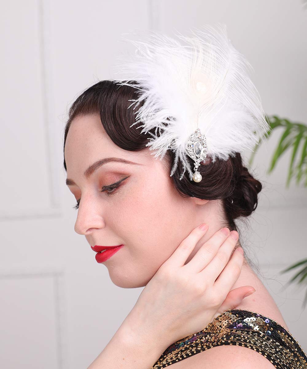 Aimimier 1920s Flapper White Feather Headpiece Crystal Pendant Hair Clip Roaring 20s Feather Accessories Masquerade Hair Jewelry for Women Beauty & Personal Care Aimimier
