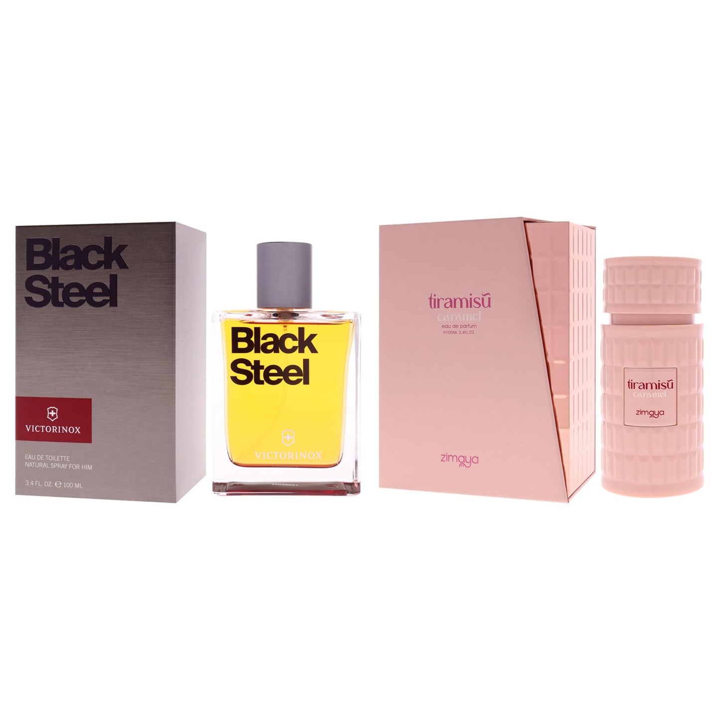 Swiss Army and Zimaya Kit by Various Designers for Unisex - 2 Pc Kit 3.4oz Black Steel EDT Spray, 3.4oz Tiramisu - Caramel EDP Spray Beauty & Personal Care Various Designers