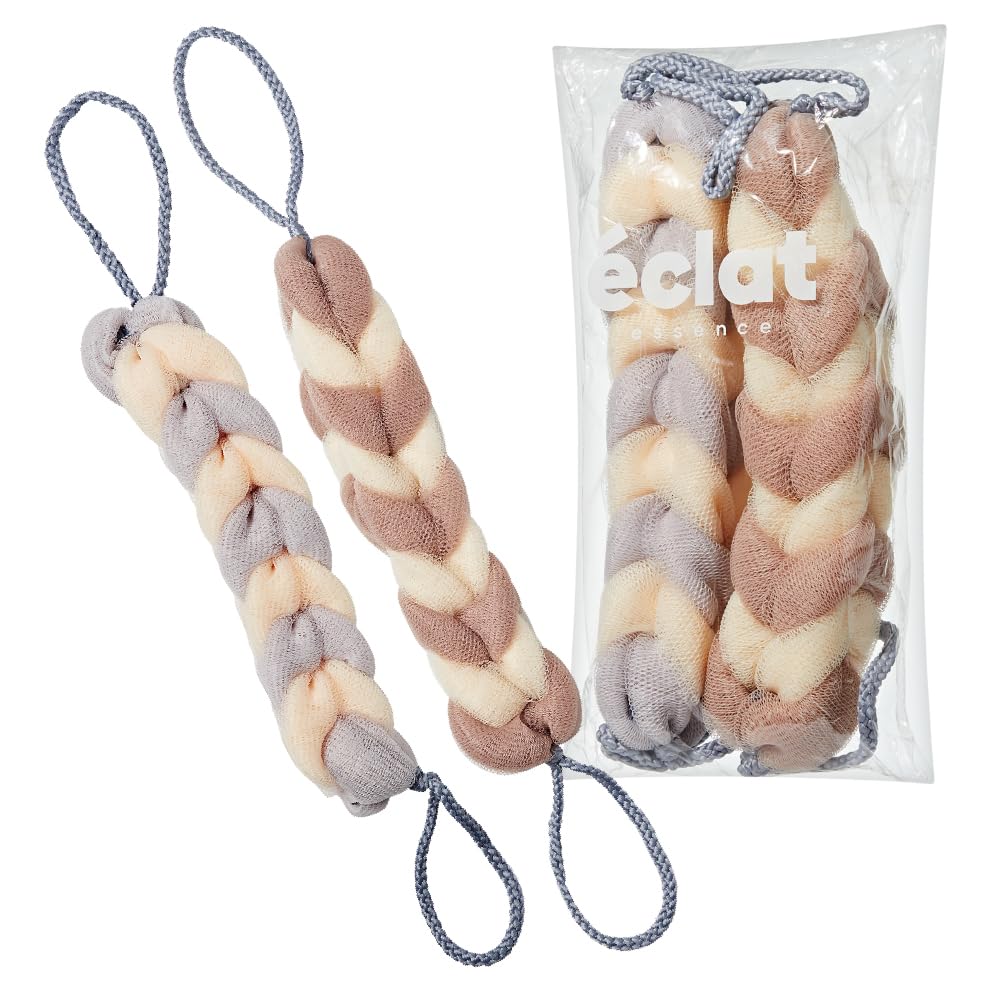 Éclat Long Stretch Back Loofah, Braided Mesh Shower Sponge with Rope Handles, Exfoliating Body Scrubber, Long Handle Bath Pouf for Deep Cleansing Beauty and Personal Care Éclat