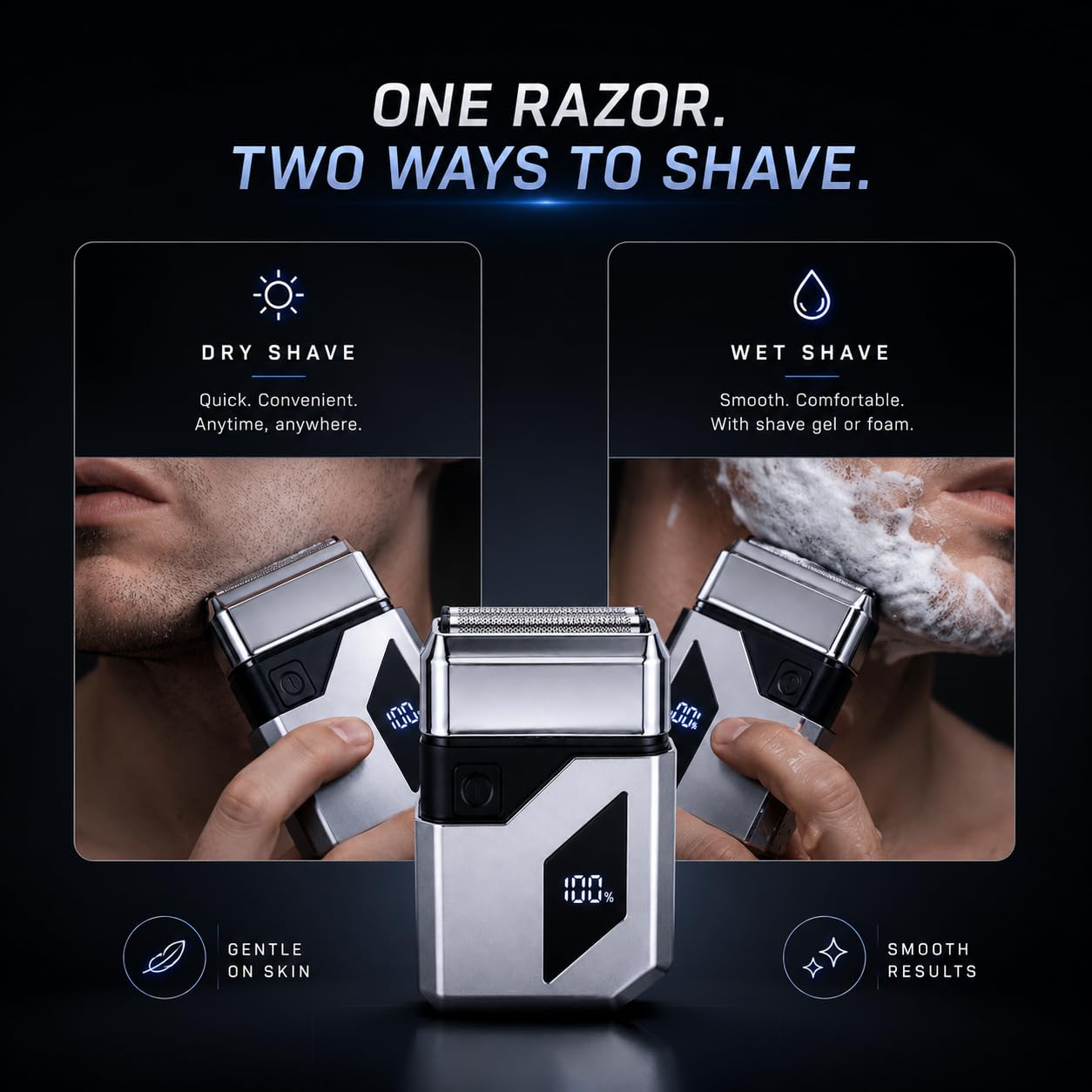 ElecTrym E1025 Triple Foil Head Compact Wet/Dry Electric Shaver for Men, Cordless Razor with LED Battery Display, USB-C Charging, 3 Floating Heads Beauty and Personal Care ElecTrym