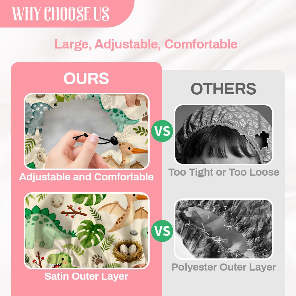DELORIGIN Dinosaurs Leaves Reusable Shower Cap Cute Double Layer Waterproof Shower Caps Large Elastic Hair Cover Adjustable Hair - Drying Caps Beauty and Personal Care DELORIGIN