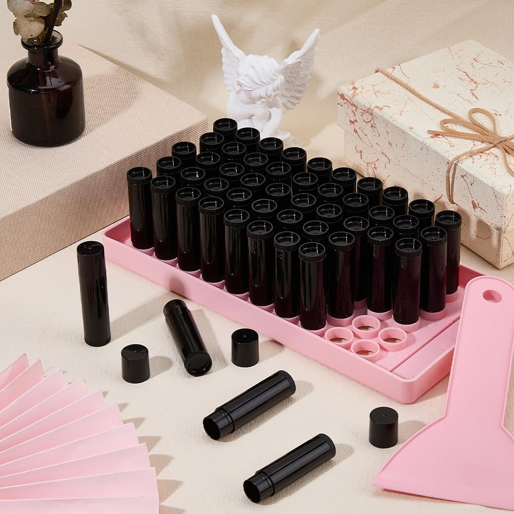 DICOSMETIC Lip Balm Tubes with Pink Filling Tray and Spatula Set Including 50Pcs 5G Black Empty Lip Balm Containers with Caps for DIY Homemade Beauty and Personal Care DICOSMETIC