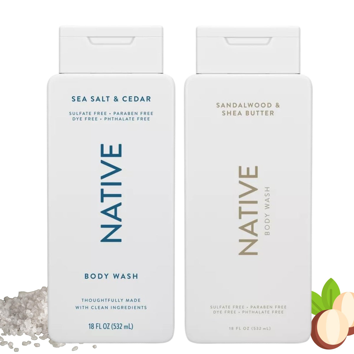 Native Body Wash, 2 Pack - Sandelwood and Shea Butter & Sea Salt and Cedar 18oz Clean Body Cleanser, Sulfate-Free, Paraben-Free Formula for All Skin