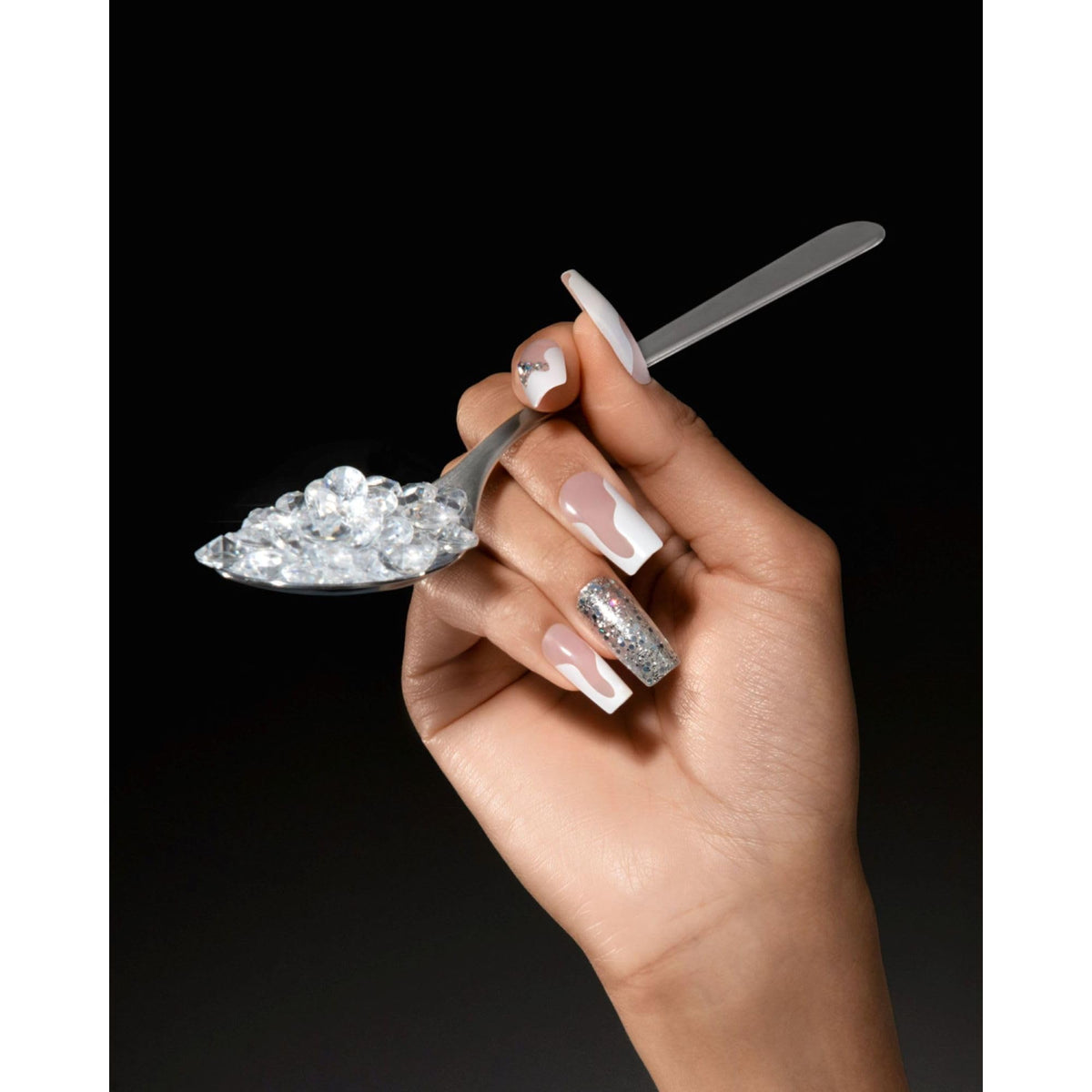 KISS Premium Classy Fake Nails - Stay Modish, Long & Square, Super Glam, Jewel Accents, Waterproof, Smudge Proof, No Dry Time, Durable, Takes Minutes
