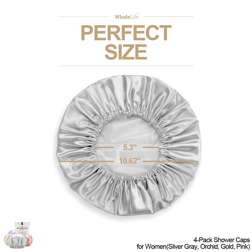 Shower Cap for Women Reusable Extra Large Shower Caps for Men Satin Double Layer EVA Waterproof Long Hair Caps(Silver Gray, Orchid, Gold, Pink 4 Pack) Beauty & Personal Care WhaleLife