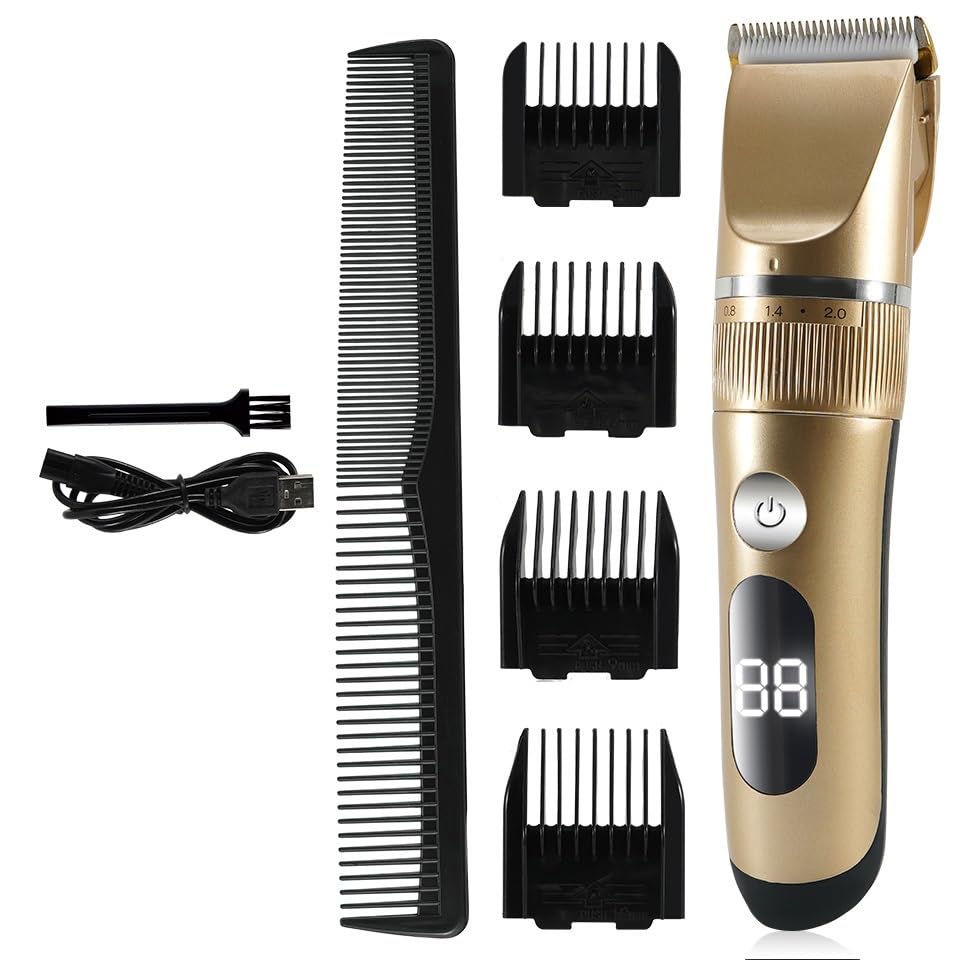 GLESVOWIO Hair Clipper Mens Clippers Professional Beard Trimmer for Men Adjustable Speed LED Digital Electric Razor Barber(Gold) Beauty and Personal Care GLESVOWIO