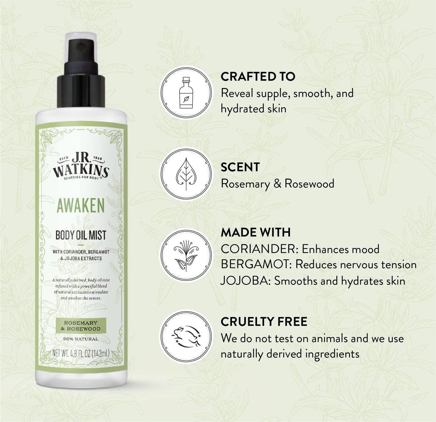 J.R. Watkins Awaken Body Oil Mist, Hydrates Skin, Stimulates and Awakens Senses, Natural Rosemary & Rosewood, 4.8 oz Beauty & Personal Care J.R. Watkins