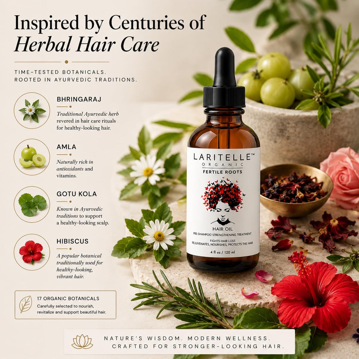 Laritelle Organic Scalp & Hair Treatment Oil - Fertile Roots - Jojoba, Argan, Bhringaraj, Gotu Kola & Clary Sage - Anti-Thinning, 4 oz