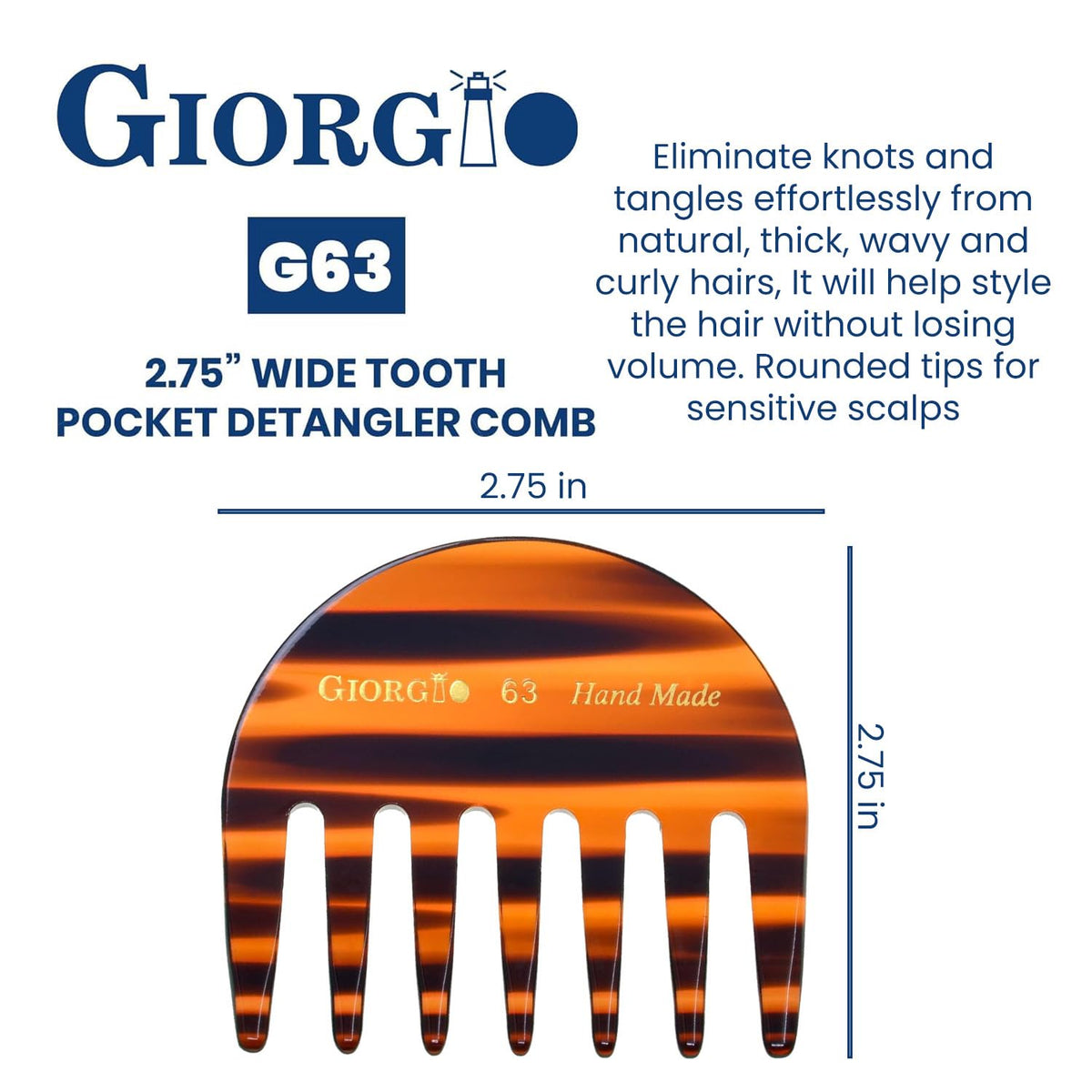 Giorgio G63 Detangling Comb for Women - Wide Tooth, Pocket and Travel Size for Thick Hair, Wet or Dry Everyday Care. Handmade, Saw-Cut, and Polished