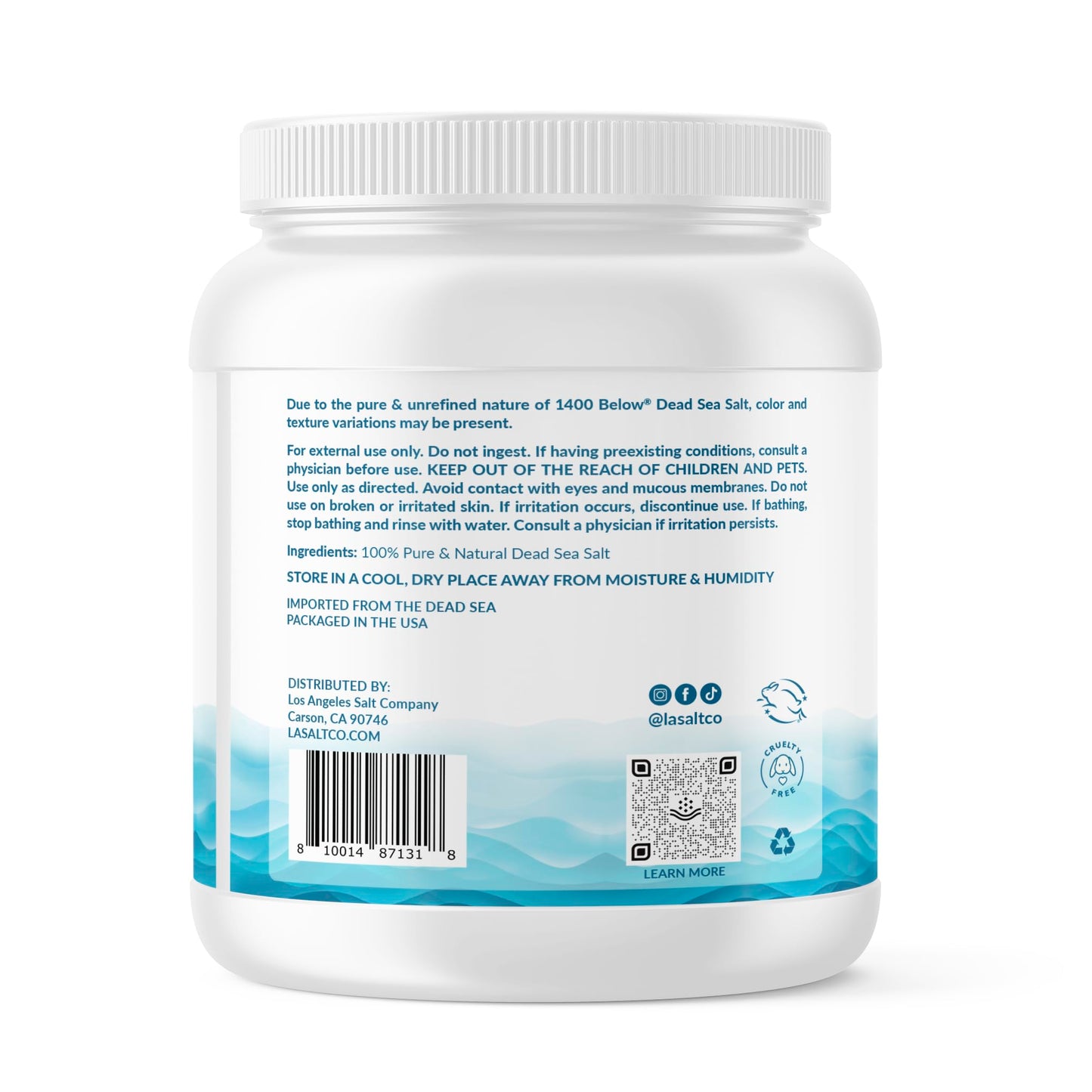 LA SALT CO 1400 Below 5 Lbs Jar Dead Sea Salt, Fine Grain - Foot and Spa Bath Soak, Exfoliating Body Scrub, 100% Pure and Mineral-Rich, Highest Beauty and Personal Care LA SALT CO