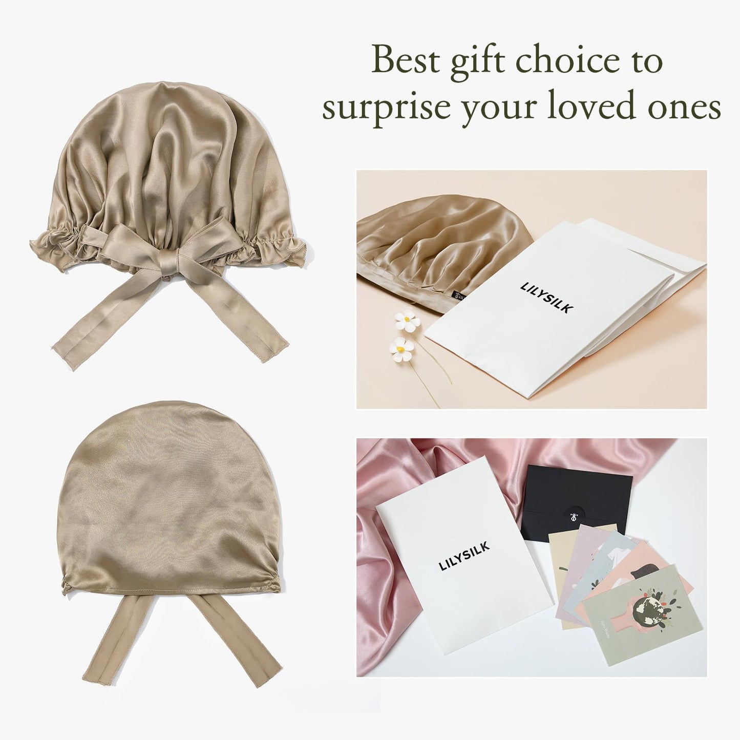 LilySilk Silk Bonnet for Sleeping Womens Sleep Cap 100% 19MM Mulberry Silk for Long Curly Hair Adjustable Stretchy Taupe Beauty and Personal Care LilySilk