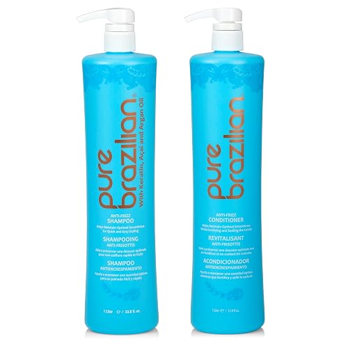 Pure Brazilian Anti-Frizz Daily Shampoo & Conditioner, Salt-Free & Color Safe, Enriched with Keratin, Argan Oil & Acai, 1 Liter (33.8 Fl Oz) Beauty & Personal Care Pure Brazilian