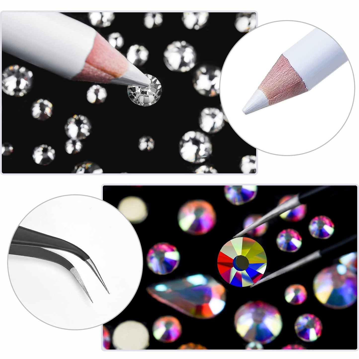 Nail Art Rhinestones Kit HUETFAT 2400pcs Nail Gems Ab Flatback Rhinestones Gems Stones, with Storage Organizer Box/Wax Pencil/Tweezers 6 Sizes Beauty & Personal Care HUETFAT
