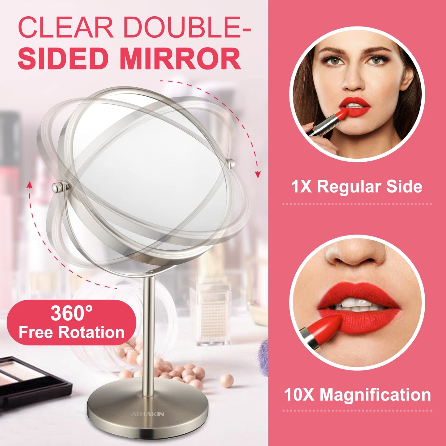 ALHAKIN 10x Magnifying Makeup Mirror, 8 Inch Tabletop Mirror with 1X/10X Magnification Double Sided, Standing Bathroom Makeup Mirror for Desk, Nickel Beauty & Personal Care ALHAKIN