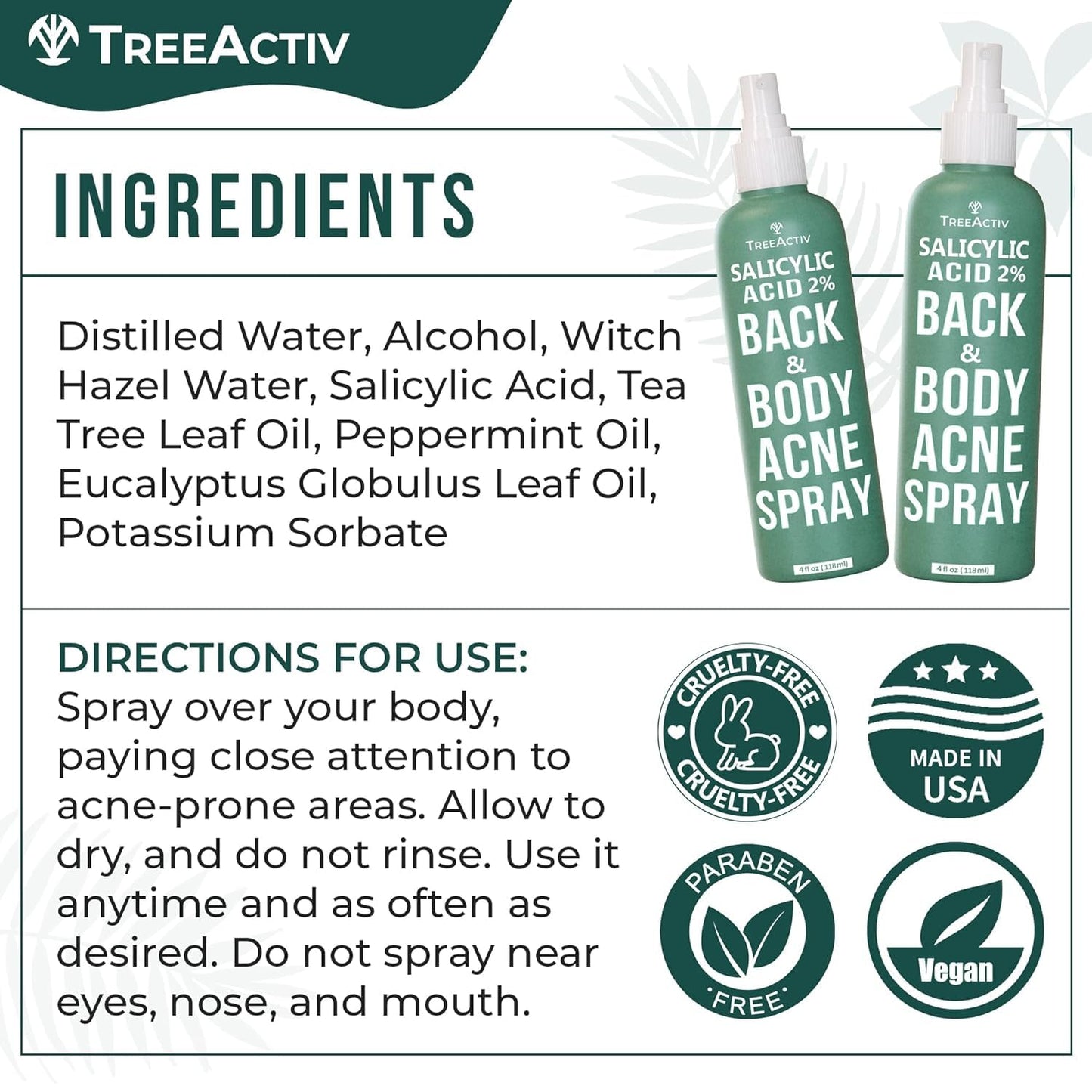 Salicylic Acid Back & Body Acne Spray, Back Acne Solution For Women And Men, Acne Body Spray with Tea Tree Oil, Fast-Drying Back Acne Spray, Fine Beauty & Personal Care TreeActiv