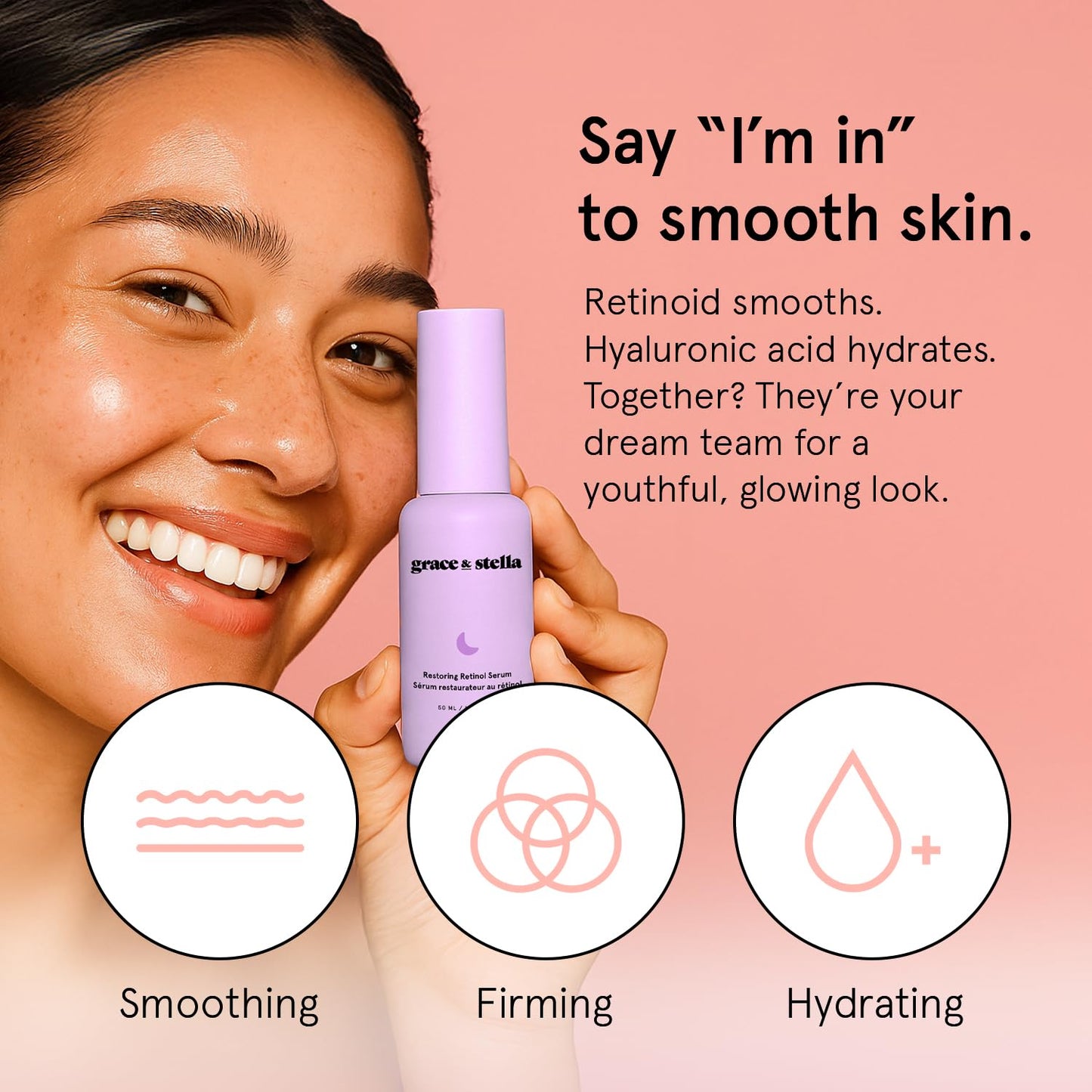 grace & stella Retinol Serum for Face with Hyaluronic Acid (50ml/1.7 fl oz) - Restoring Retinol Hyaluronic Acid Serum for Face to Reduce Fine Lines Beauty & Personal Care grace & stella