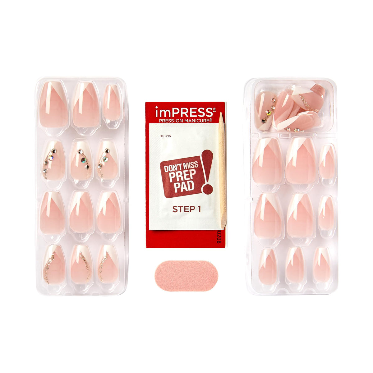 Kiss Impress No Glue Mani Press On Nails, French, 'Glimpse', White, Medium Size, Coffin Shape, Includes 30 Nails, Prep Pad, 1 Manicure Stick, 1 Mini