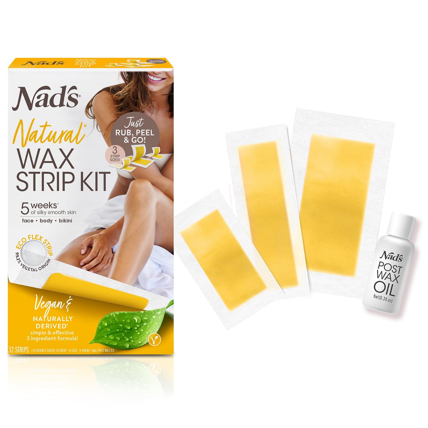 Nad's Wax Strips Kit Natural All Skin Types Wax Hair Removal For Women, 6 Face Wax Strips + 20 Body Wax Strips + 6 Bikini Wax Strips + Post Wax Oil Beauty and Personal Care Nad's