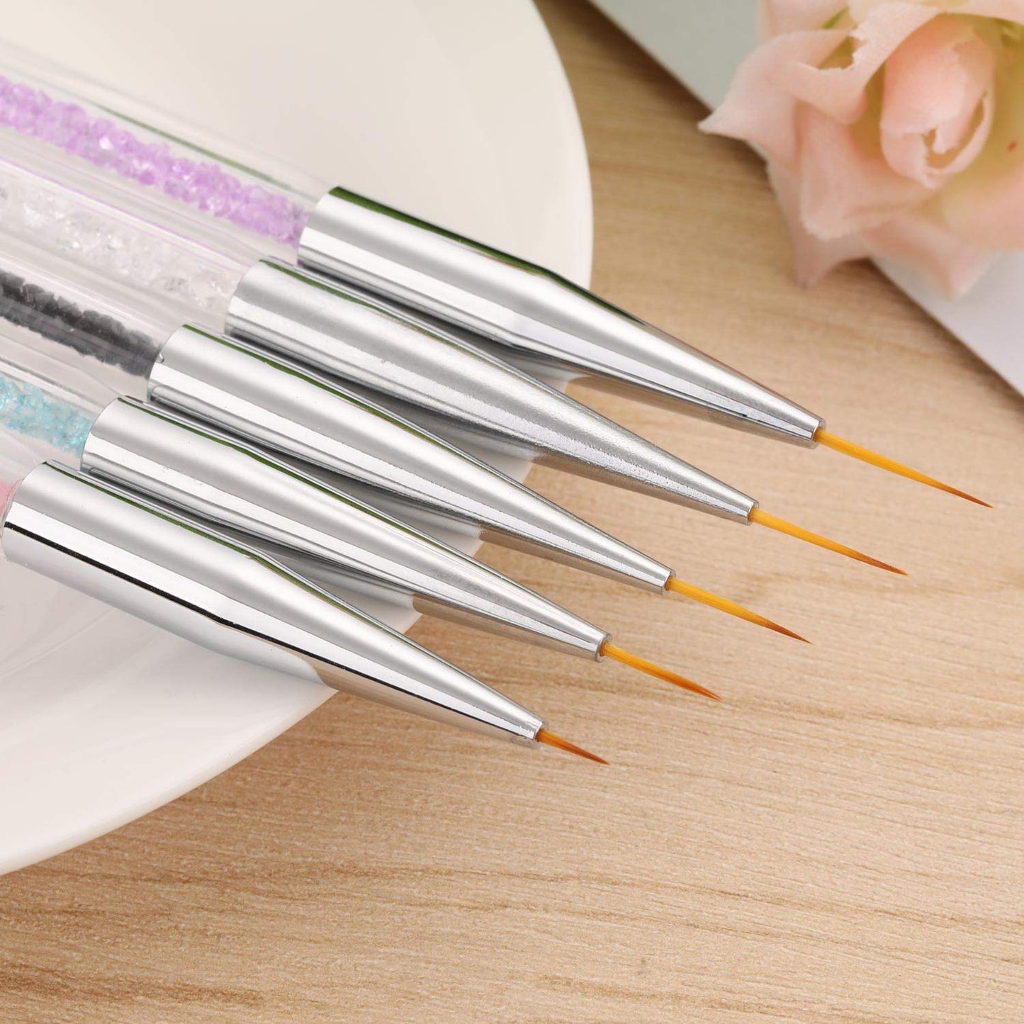 Gel Polish Nail Art Brushes Set-5 Pcs Dual-ended Nail Paint Brushes for Nail Art with Fine Liner Brushes and Dotting Pen (5,7,9,11,13 mm) Beauty & Personal Care Beauty Max