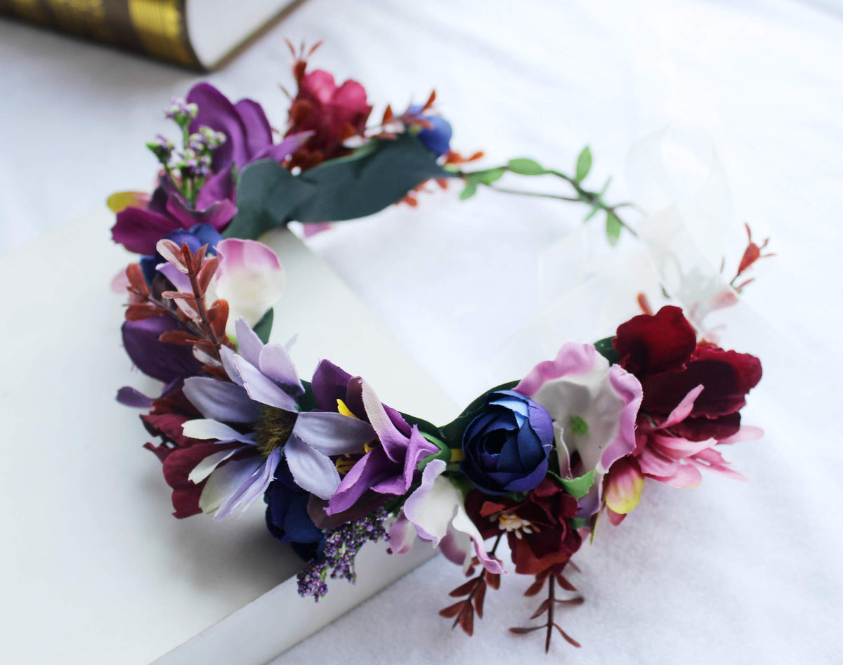 LLinfflr Women Floral Crown Boho Flower Headband Halo Headpiece Purple