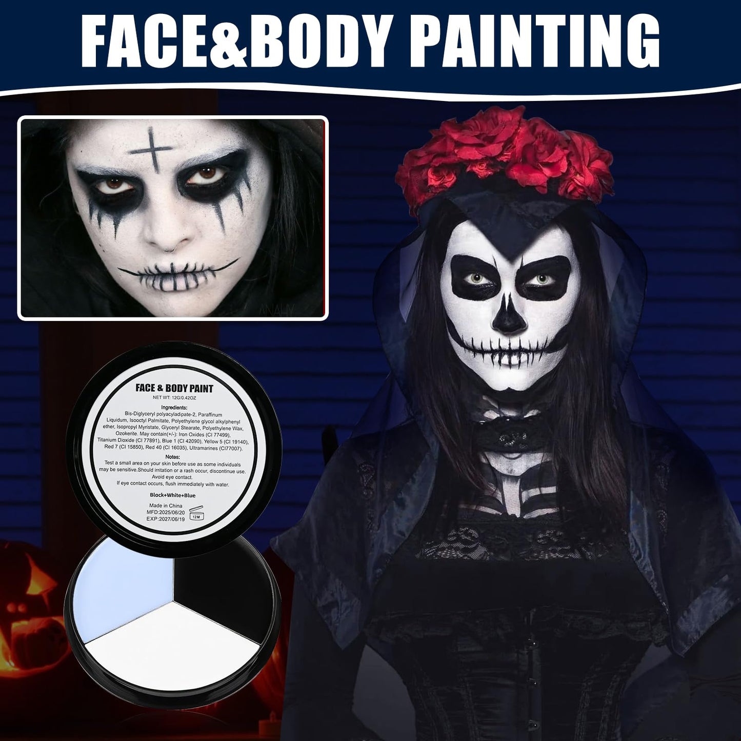 VPCRT6 White Black Blue Halloween Face Body Paint with 3PCS Sponge and 1PC Brush, for Baseball, Sports(Eye Black) & Halloween, Face Painting Kit Beauty & Personal Care VPCRT6
