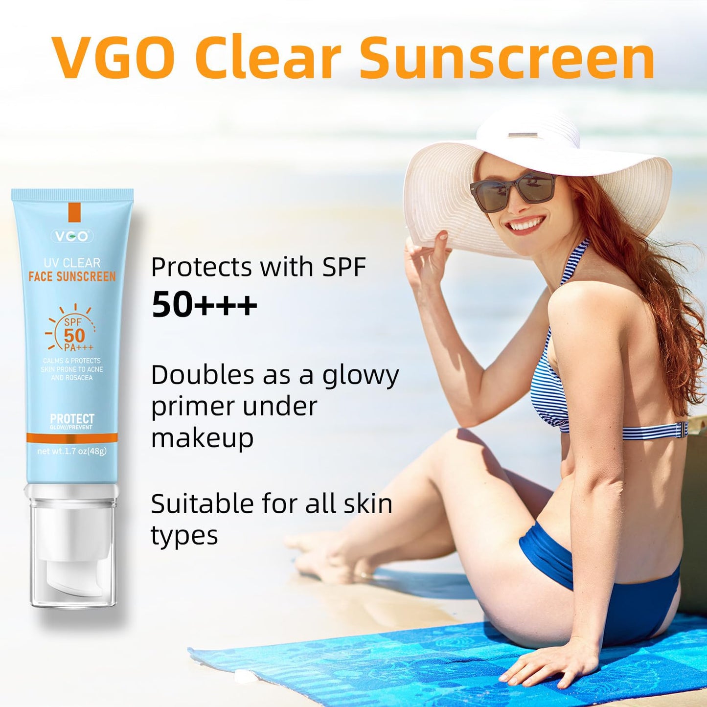 VGO Clear Face Sunscreen SPF 50, Hydrating Sun Essence Leaves No Sticky Feeling Travel Size Sunscreen Against UVA and UVB Rays 50ml / 1.7oz Beauty & Personal Care VGO