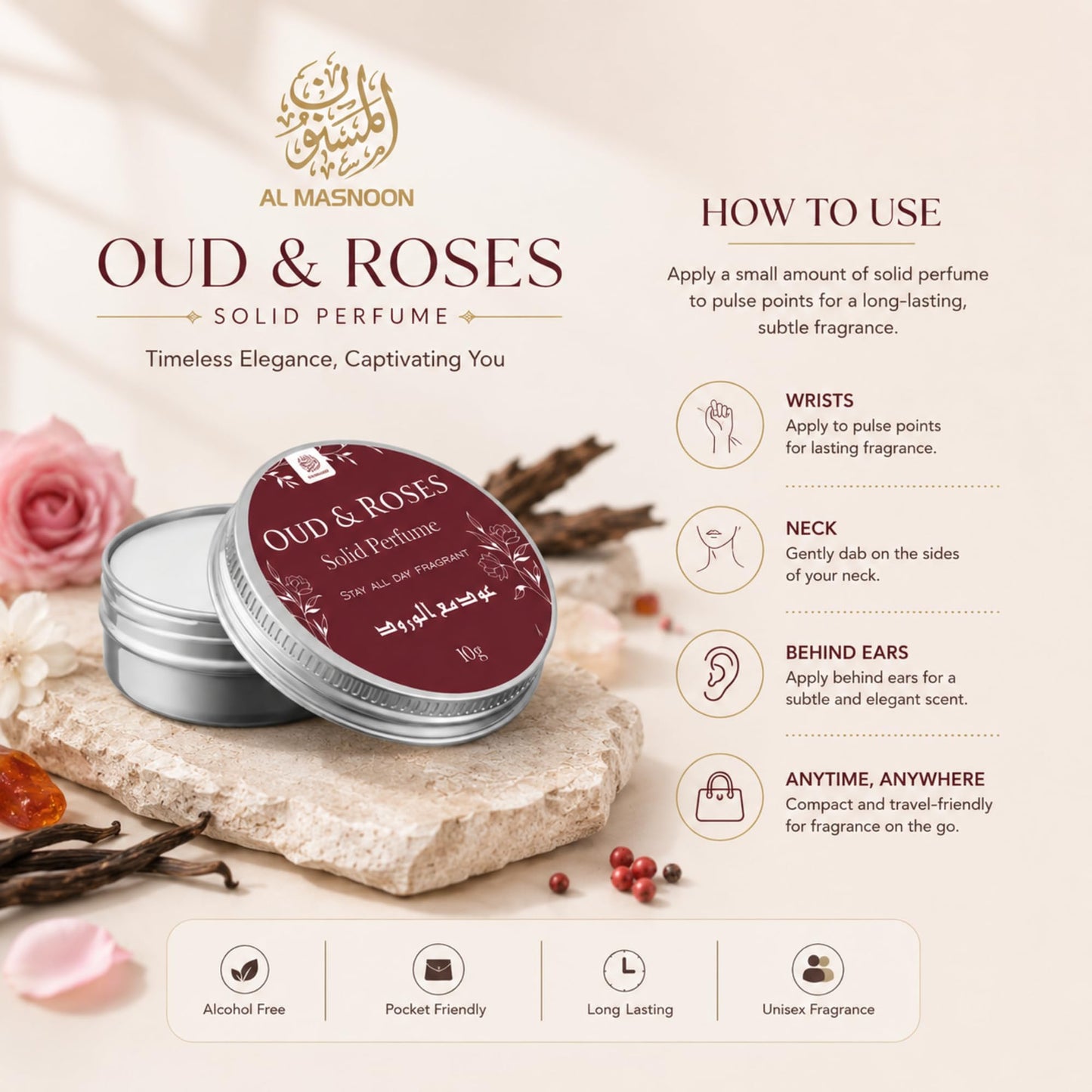 AL MASNOON Rose Oud Solid Perfume 10g - Luxurious Arabic Fragrance with Oud & Roses, Long-Lasting All-Day Scent, Can Be Used as Deodorant, Pack of 1 Beauty and Personal Care al masnoon