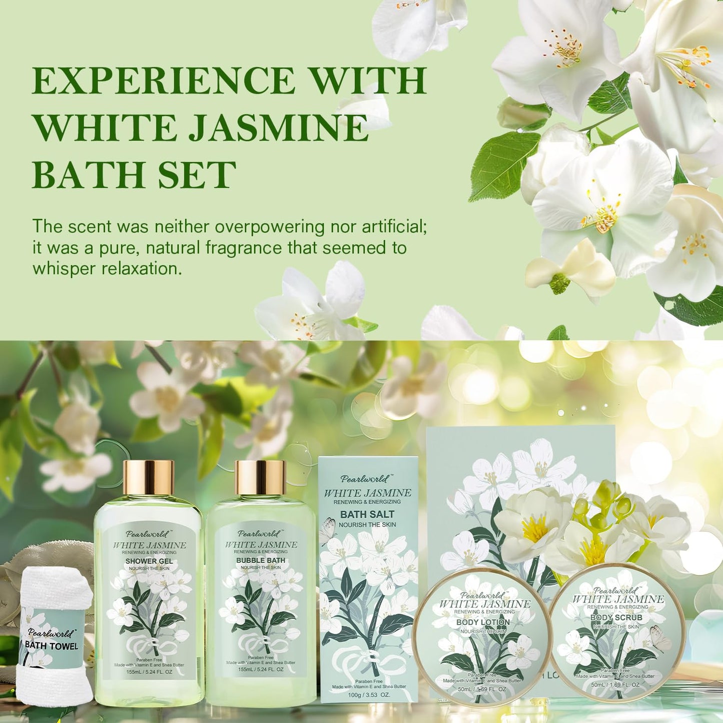 Bath Gift Baskets for Women, 9pc Jasmine Spa Gifts Set for Women, Self Care & Body Relaxing, Birthday Gift Basket, Mother's Day Gifts, Christmas Beauty and Personal Care PEARLWORLD