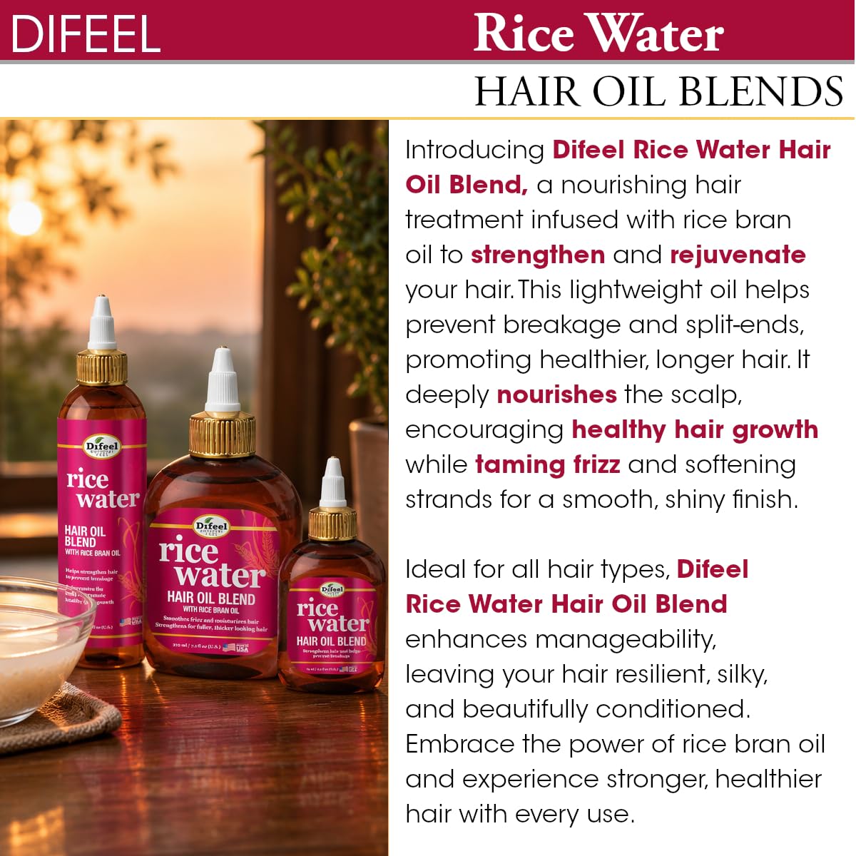 Difeel Rice Water Hair Oil Blend 7.1 oz. - Strengthening Rice Water Moisturizer for Hair