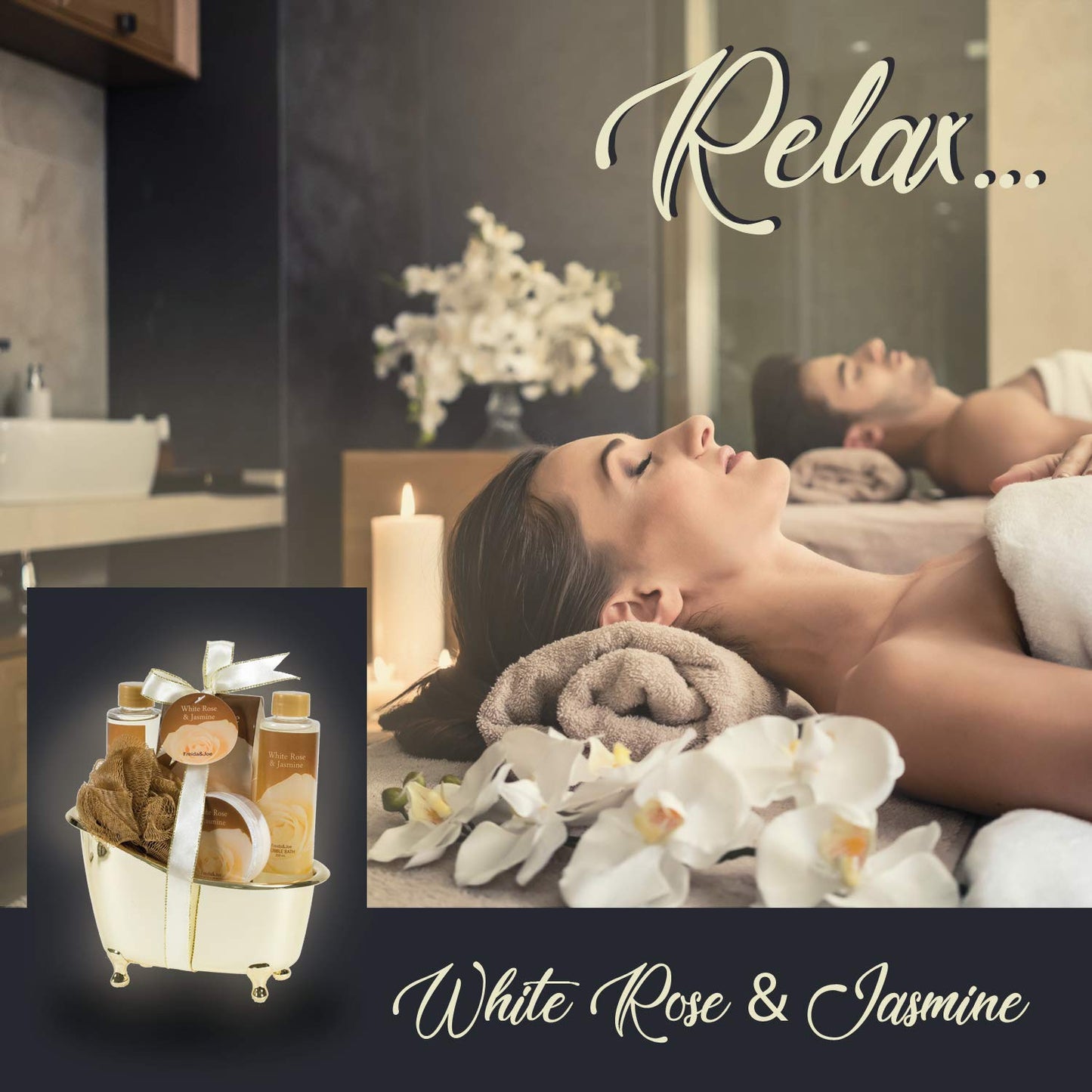 White Rose Jasmine Spa Set For Women in Elegant Gold Tub Includes Shower Gel, Bubble Bath, Body Lotion, Jasmine Bath Salt, Pouf, Award Winning Bath Beauty & Personal Care Freida and Joe