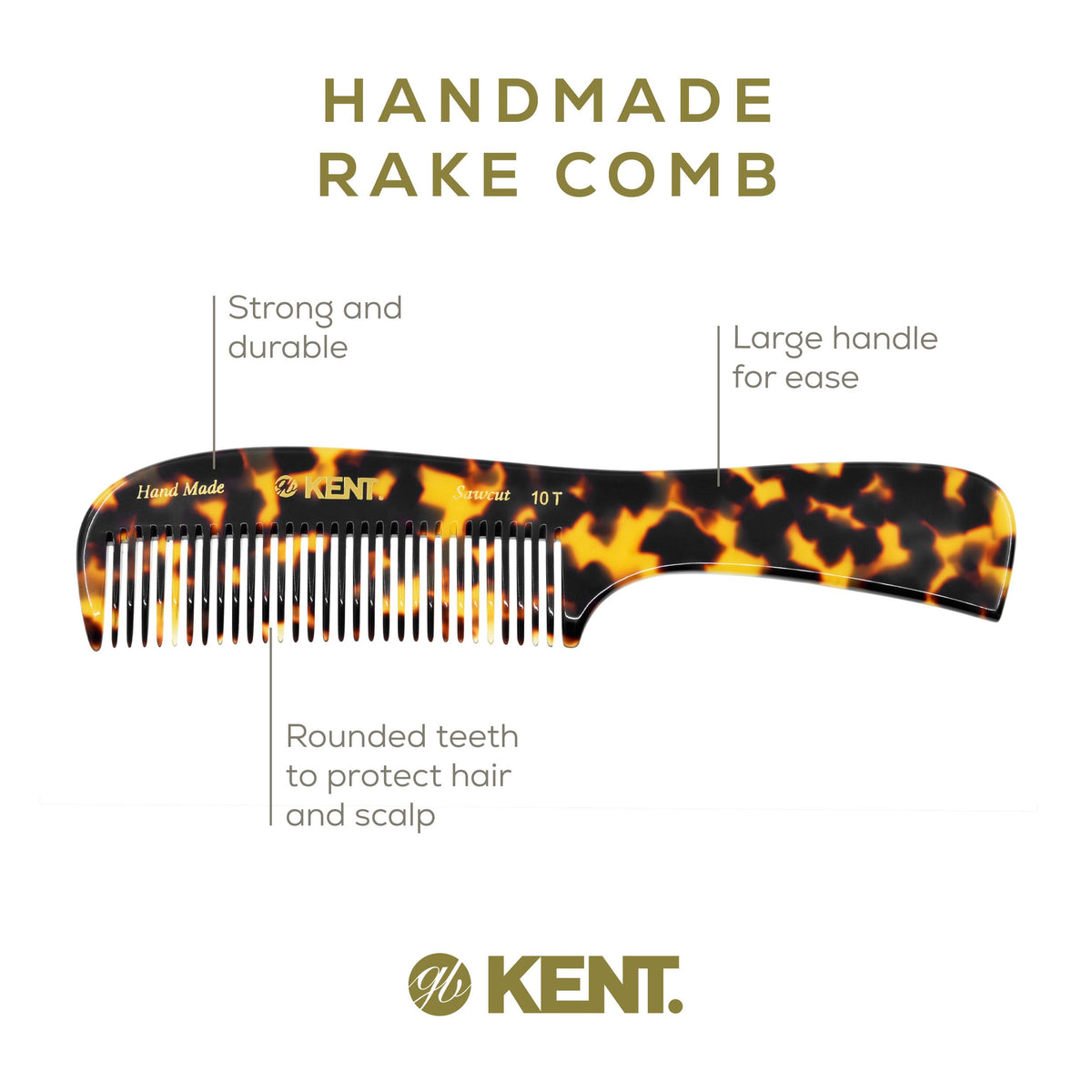 Kent 10T TY Large Detangler Comb, Handmade Wide Tooth Comb for Curly Thick Hair, Detangling Combs For Wet and Dry Hair, Saw-Cut and Hand Polished Made