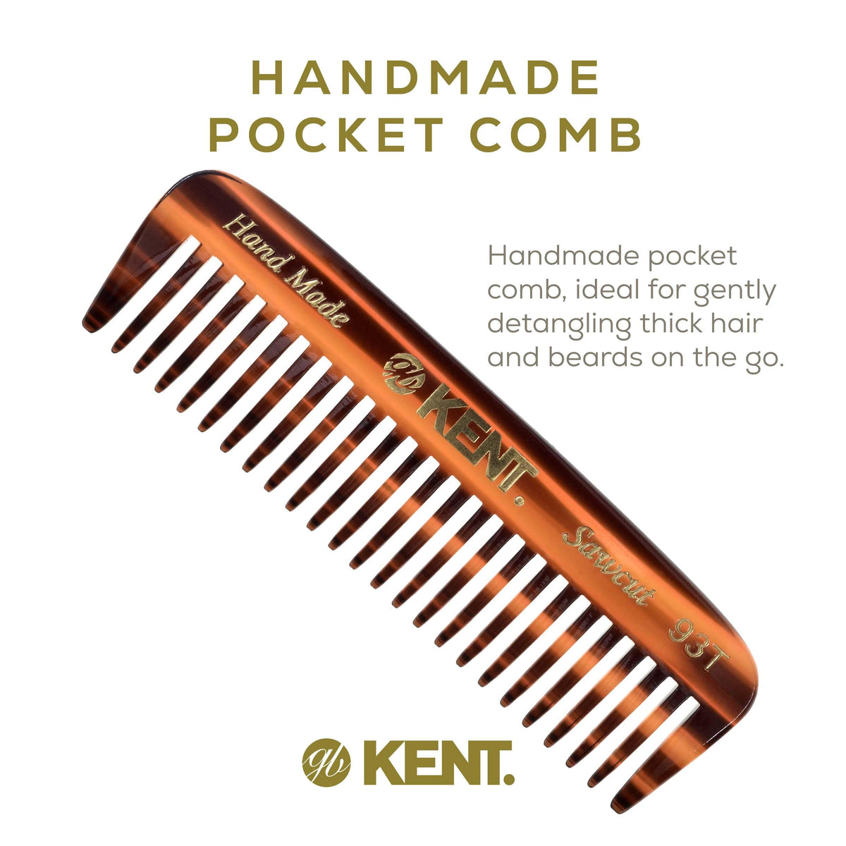 Kent 93T Tortoiseshell Beard Comb for Men - Wide Tooth Men's Comb, Ideal For Mustaches and Beards and Facial Hair, Small Pocket Sized Travel Detangler