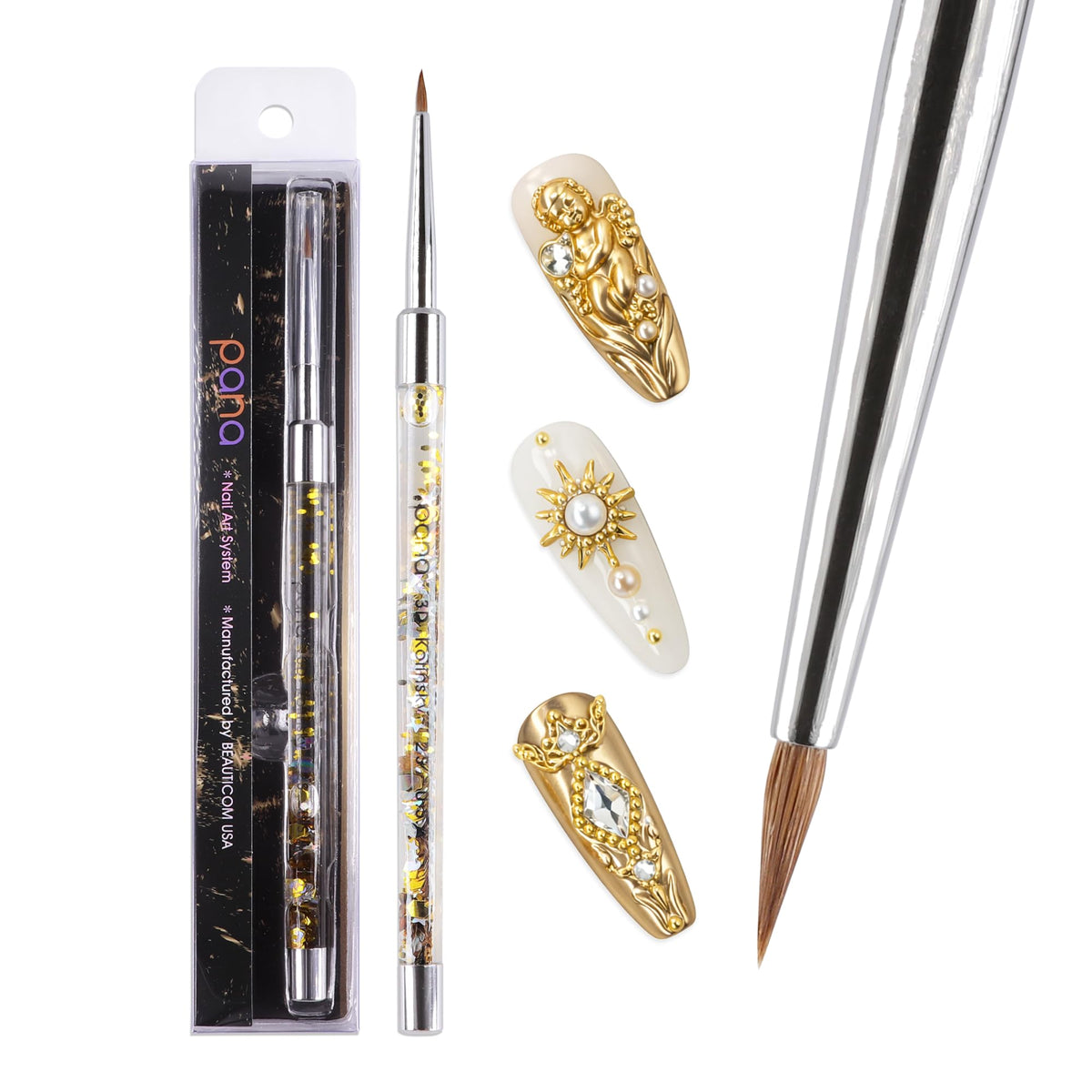 PANA 3D Kolinsky Nail Art Brush - Gold Glitter Handle, Size 2 - Acrylic Nail Art Sculpture Brush for Manicures Pedicure Salon Professional or Beginner