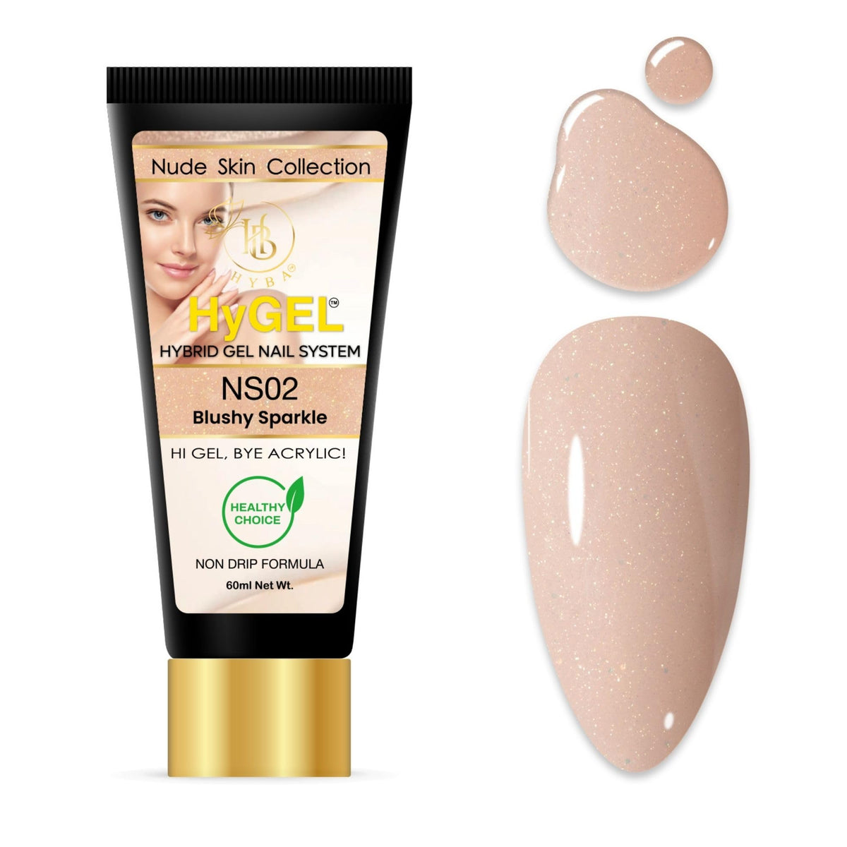 HyGEL Hybrid Nail Gel, Nude Skin Collection SINGLES, 60ml (Blushy Sparkle, NS02)