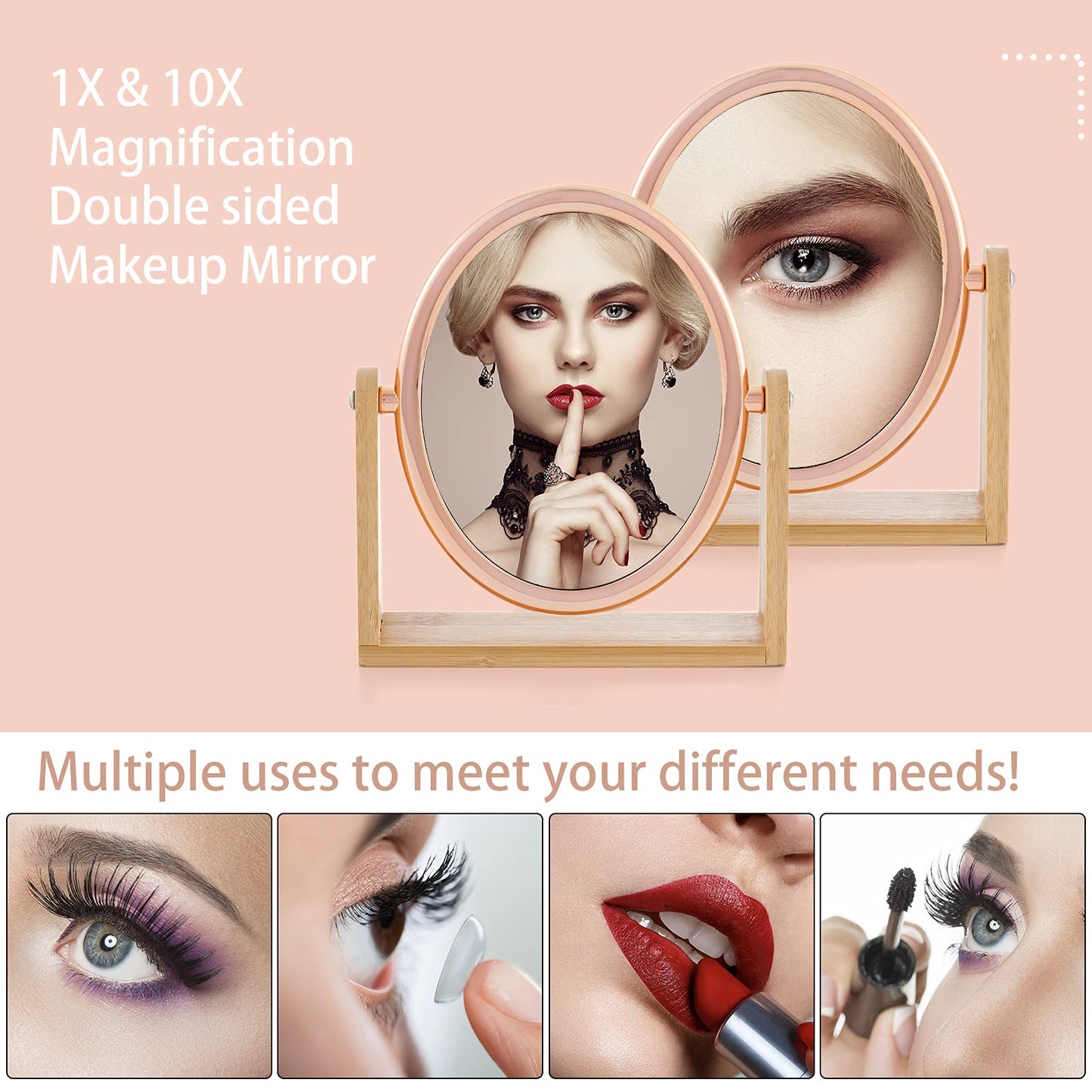 YEAKE Double Sided 10X Magnifying Makeup Mirror with Bamboo Stand,Small Desk Table Mirror with 360° Rotation,Standing Portable Cosmetic Mirror,Good Beauty & Personal Care YEAKE