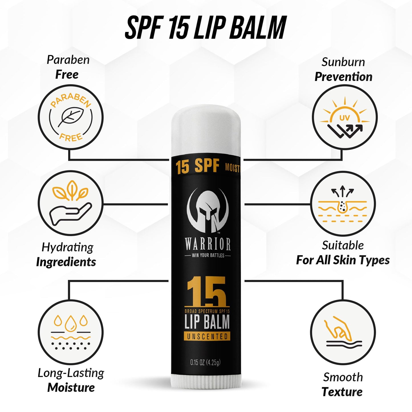 Warrior SPF 15 Lip Balm - Unscented Chapstick Made from Purified Beeswax in USA - Protects Against Wind, Cold, Heat, and UV Rays - Premium Lip Beauty and Personal Care WARRIOR -WIN YOUR BATTLES-