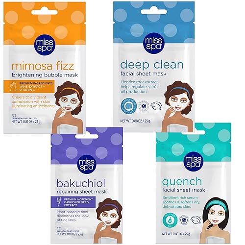 MISS SPA Face Mask Skin Care Set for Women, Deep Clean Face Mask, Quench, Mimosa fizz, Bakuchiol Facial Sheet Mask, Anti-Aging, Anti-Wrinkle Beauty & Personal Care MISS SPA