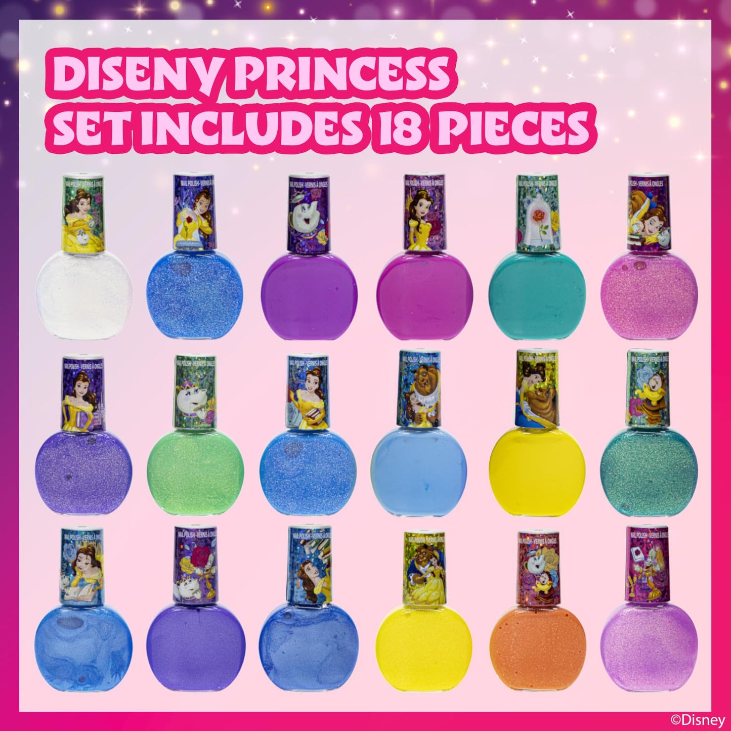 Townley Girl Disney Princess Belle 18 Piece Water-Based Nail Polish Set, Quick Dry and Peels-Off, Nail Paint Set for Girls, Perfect for Parties Beauty & Personal Care Townley Girl