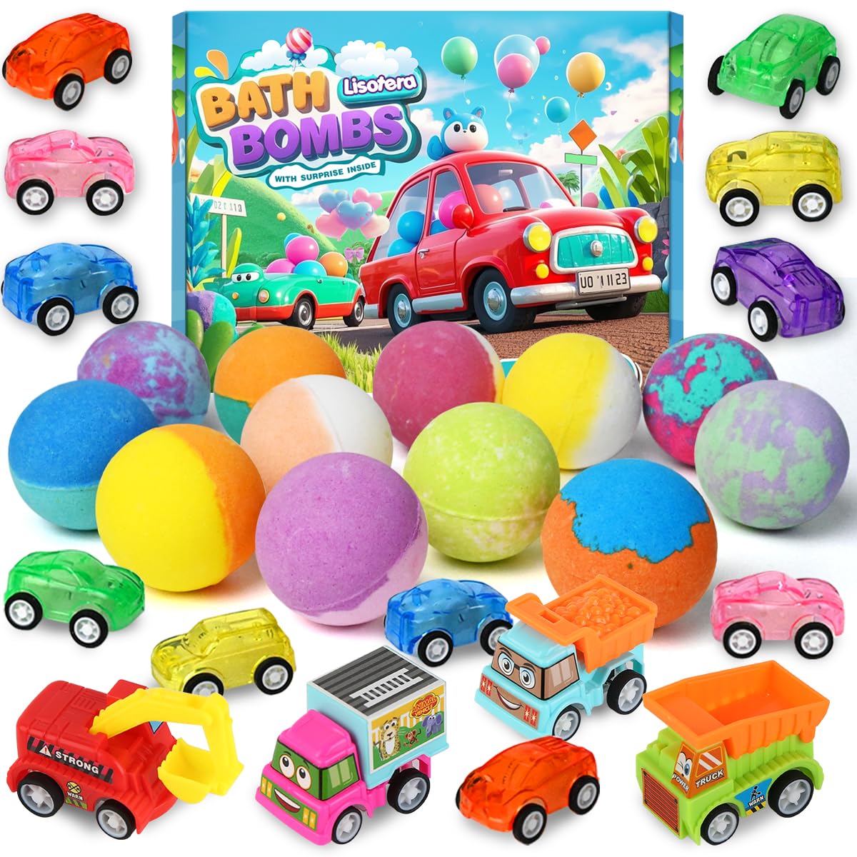 Bath Bombs for Kids with Toys Inside, Kids Bath Bombs for Boys Girls, 9-Piece Bathbombs Set Includes 9 Pull-Back Cars and 3 Vehicles, Halloween Beauty and Personal Care Lisotera