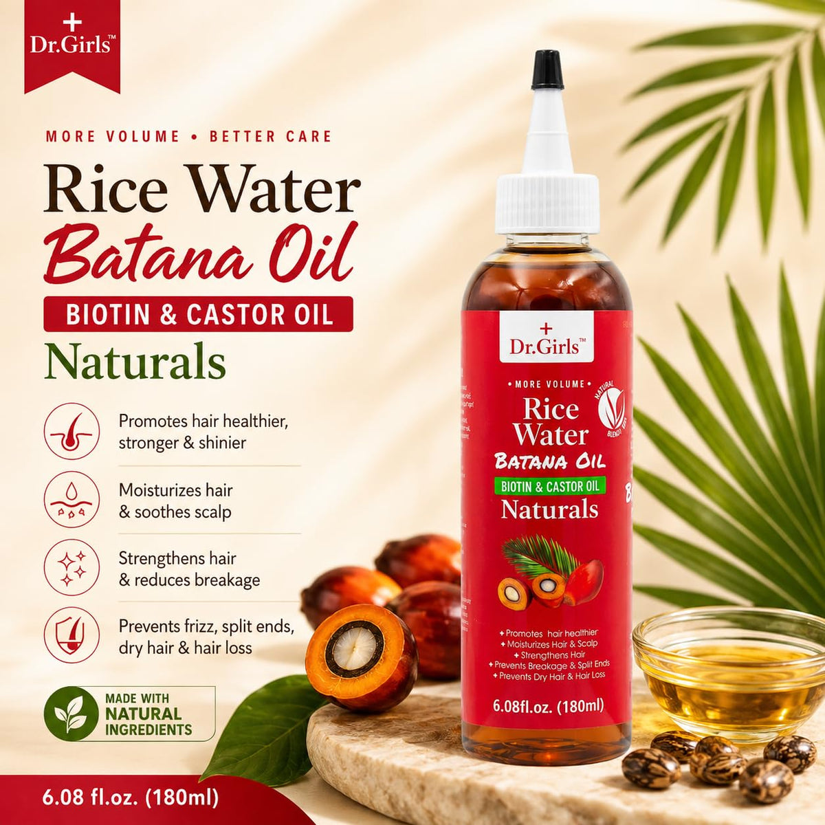 Dr Girls Rice Water Hair Growth Oil, 6.08 fl oz (Batana Oil)