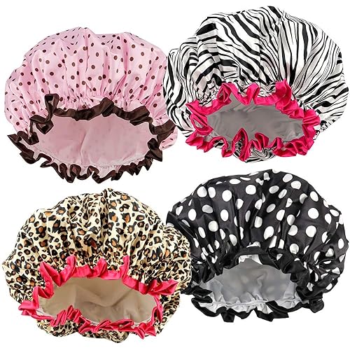 TCOTBE 4 Pieces Shower Cap for Women, Elastic and Reusable, Environmental Protection Hair Bath Caps, Double Waterproof Layers Bathing Hat Beauty & Personal Care TCOTBE