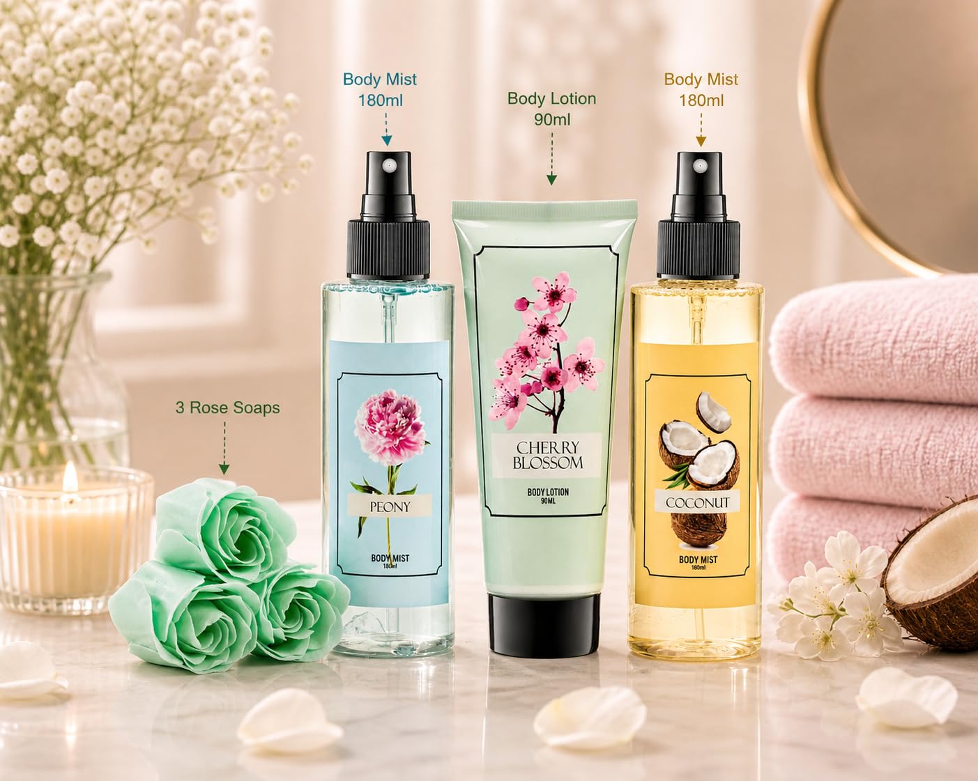 Floral Mist Trio Gift Set - Mother's Day Spa Gift Basket for Mom, Luxury Bath & Body Set, Peony, Coconut, Cherry Blossom Scented Self Care Kit Beauty and Personal Care Freida and Joe