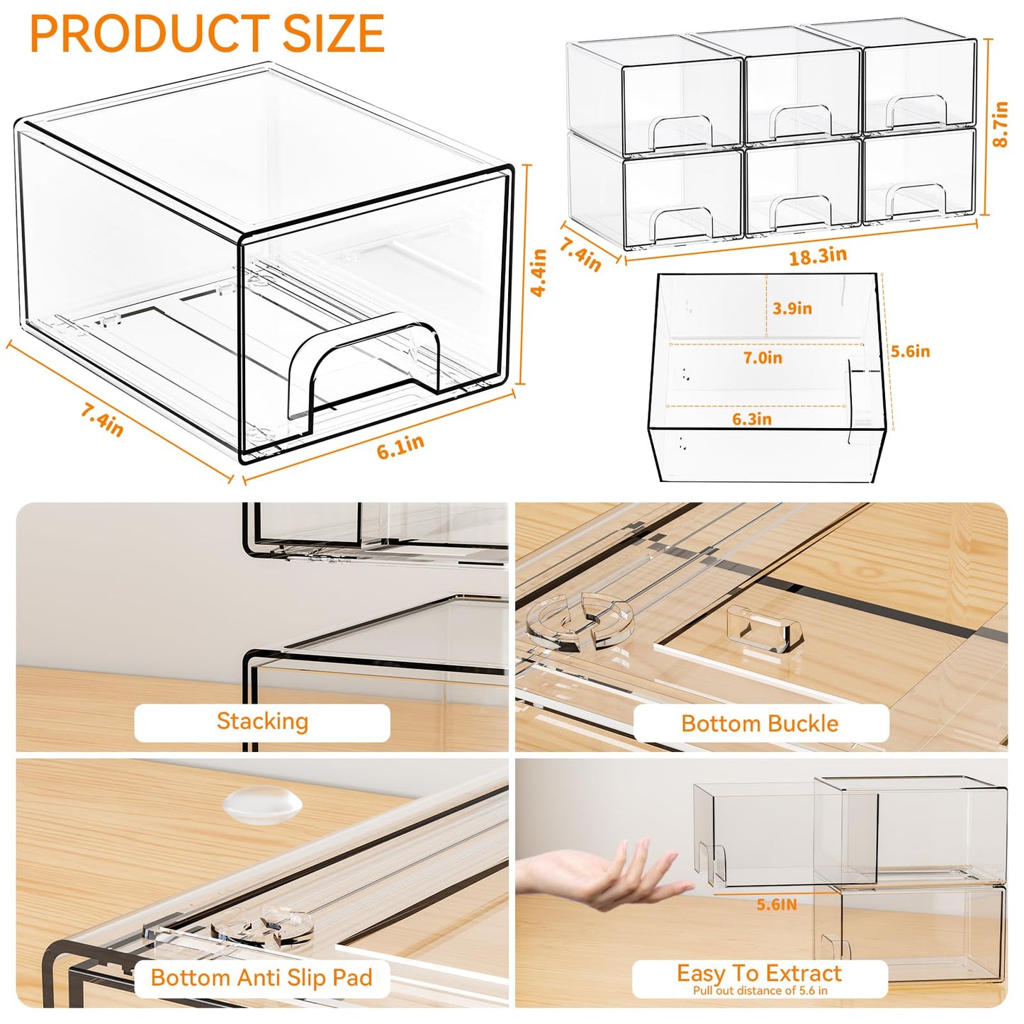 Yieach 6 Pack Small Stackable Storage Drawers,4.4 Inch Tall Stacking Acrylic Clear Storage Bins for Bathroom Vanity,Undersink,Pull Out Drawer Beauty and Personal Care Yieach